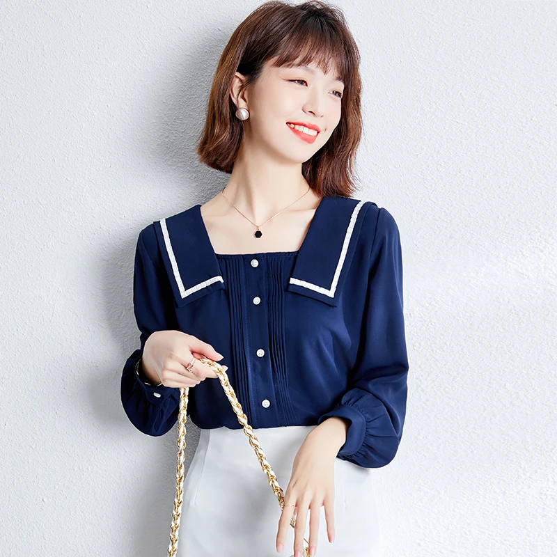 

Women Tops 2022 Autumn Navy Square Collar Long Sleeve Loose Shirt Office Lady Elegant Fashion Korean Style Casual Blouse D1079
