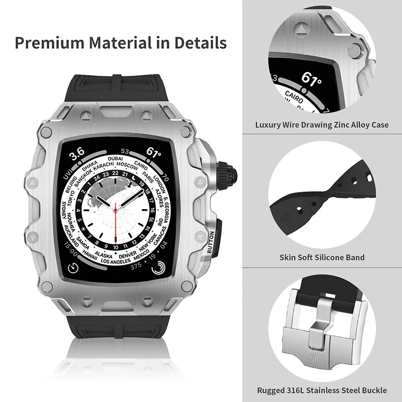 Modification Kit Zinc Alloy RM Mod Bezel Case Rubber Strap For Apple Watch Band 44mm 45mm iWatch 8 7 6 SE Modified DIY Watchband