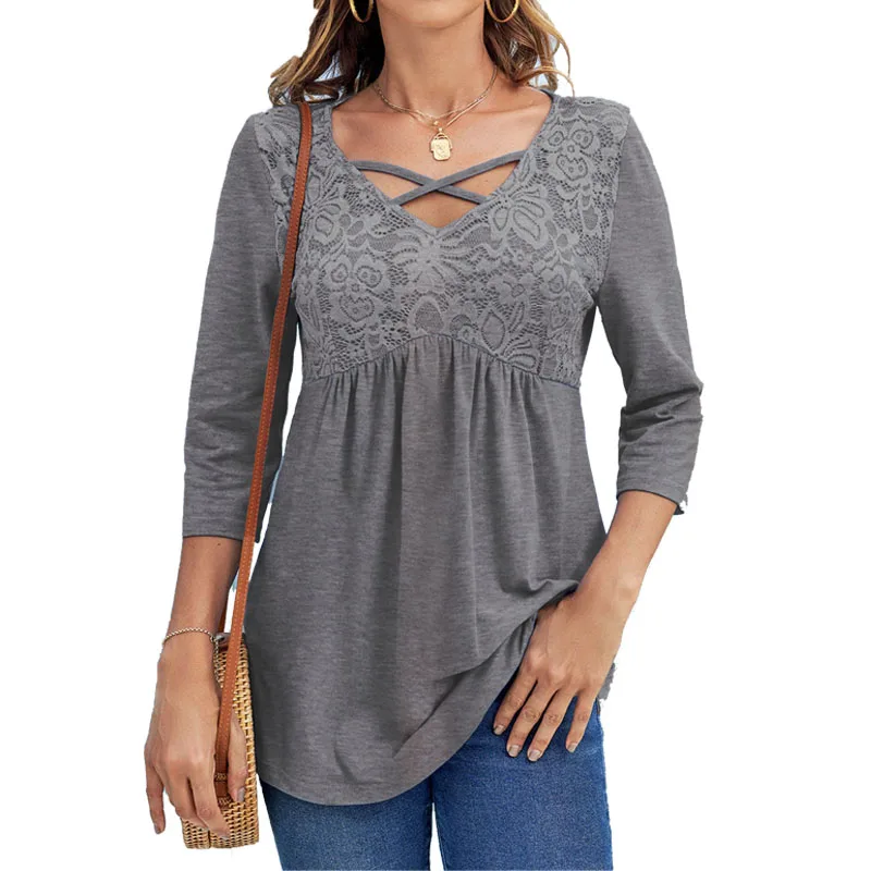 

Женская кружевная блузка с V-образным вырезом, рукавом три четверти