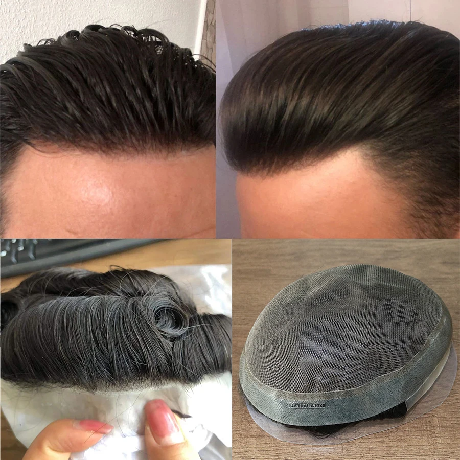 

Summer Daily Men's Toupee wigs Natural Remy 100% Human Hair Toupee Australia For Men Lace&Pu Replacement System Off Black Color