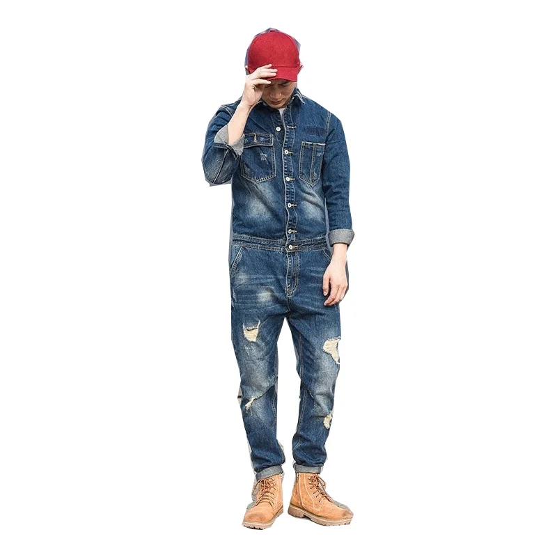 

Осенний классический джинсовый комбинезон в стиле ретро, комбинезон-карго с длинным рукавом, однобортные рваные джинсы с отверстиями, Брюки с карманами