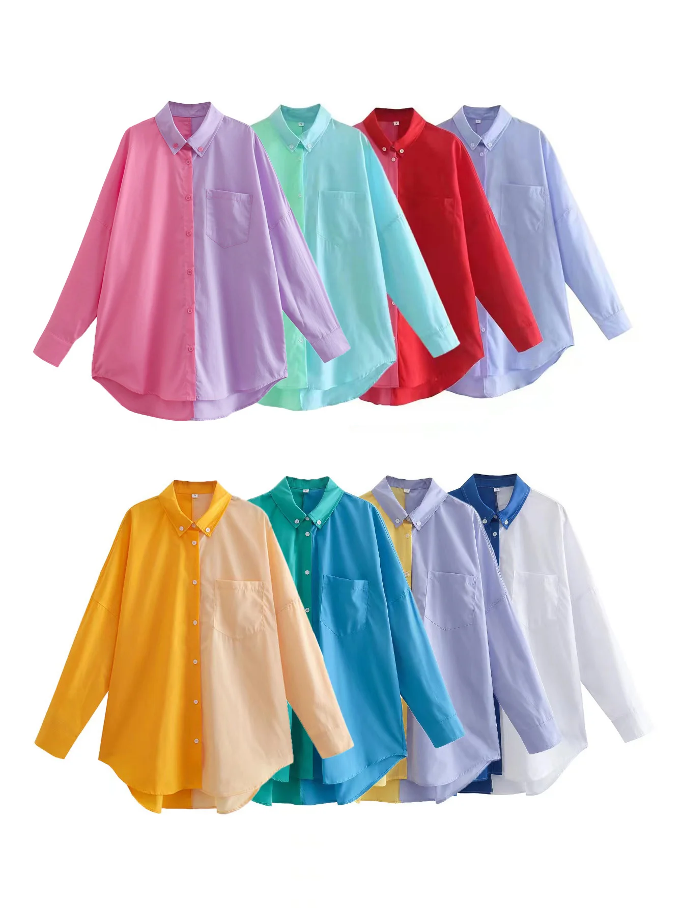 

Fashion With Pocket Oversized Contrast Shirts Women Casual Lapel Long Sleeve Button-up Female Blouses Blusas Chic Tops