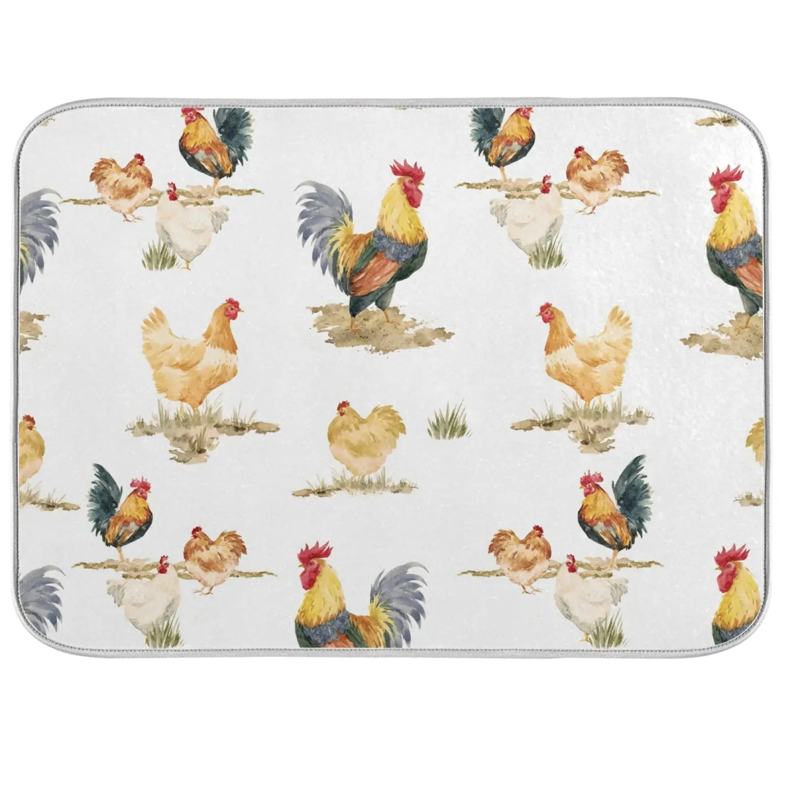 

Watercolor Chickens And Rooster Dish Drying Mat for Kitchen Counter Absorbent Heat Resistant Microfiber Dishes Drainer Mat