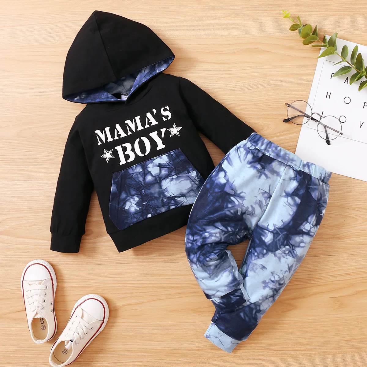 

Newborn Boys Outfit Set Boys Hooded Pullover with Long Sleeves Printed English Letters and Tie-dyed Set Two Pieces.