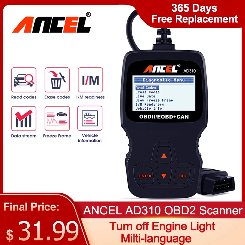 

Ancel AD310 Car Full OBD2 Diagnostic Tools Automotive Professional Car Engine Fault Code Reader OBD II Scanner Tool pk ELM327