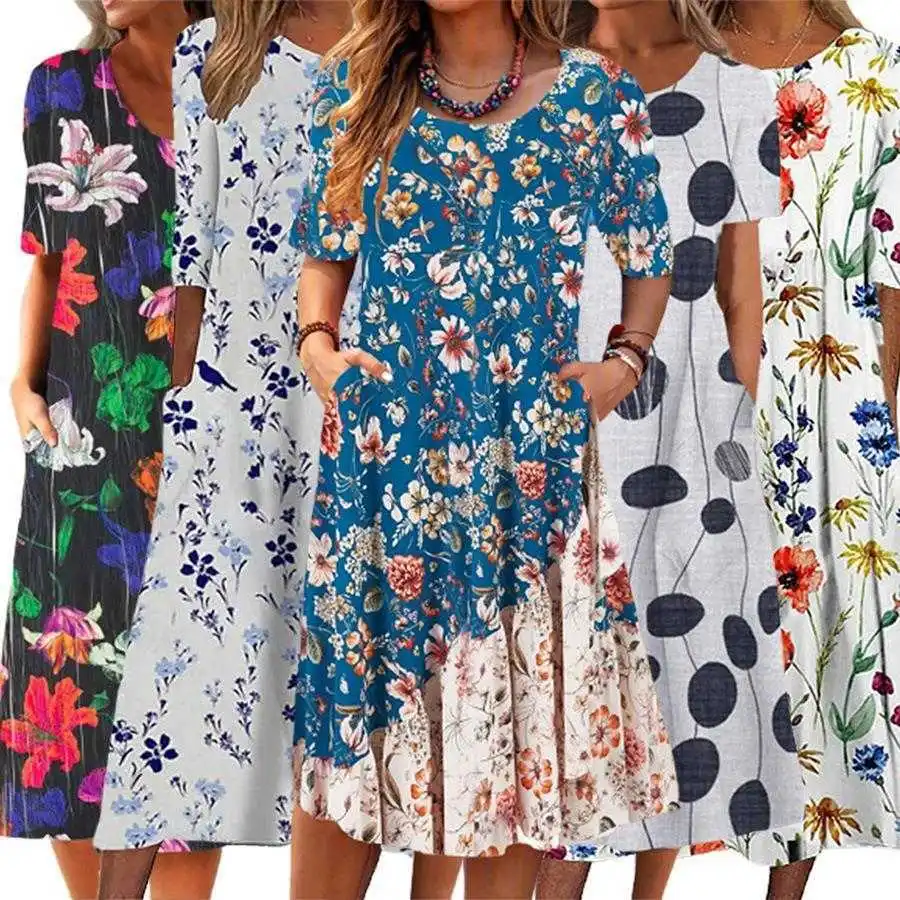 

Summer Dress Round Neck Printed Temperament Elegant Pocket Casual Womens