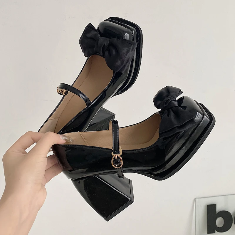 

Lucyever Thick Heels Bowknot Mary Jane Shoes Women Patent Leather Platform Pumps Woman Square Toe High Heel Party Shoes Ladies