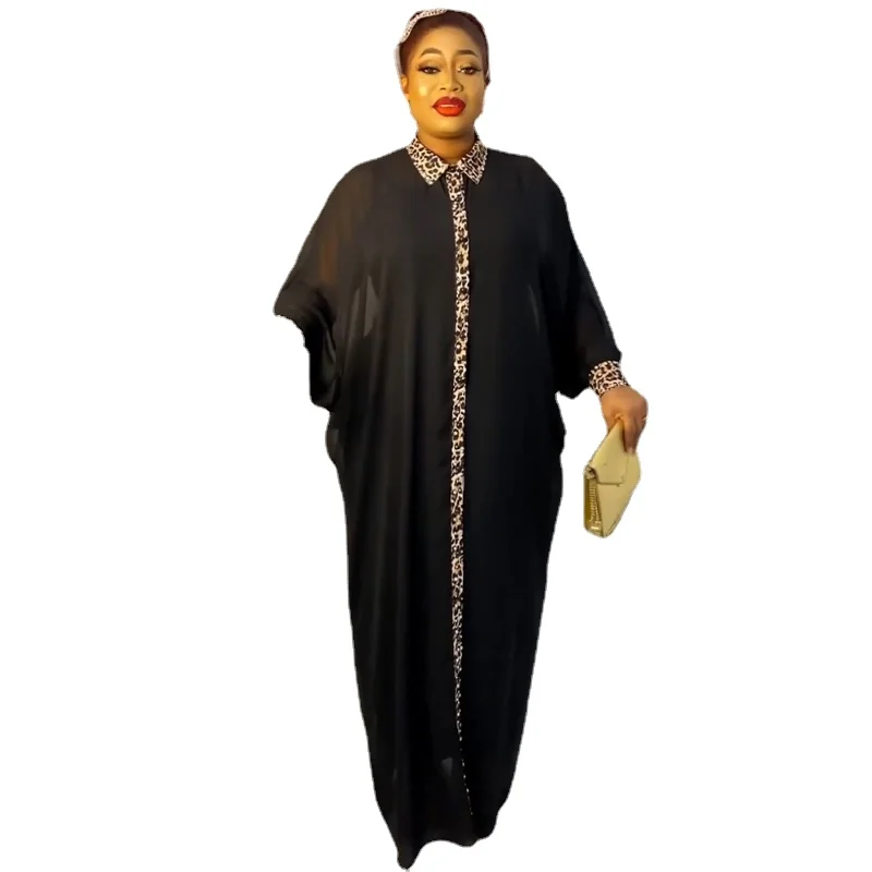 

African Chiffon Dresses For Women Plus Size Long Sleeve Shirt Dress Dubai Muslim Abaya Dashiki Leopard Print Maxi Robe Outfit