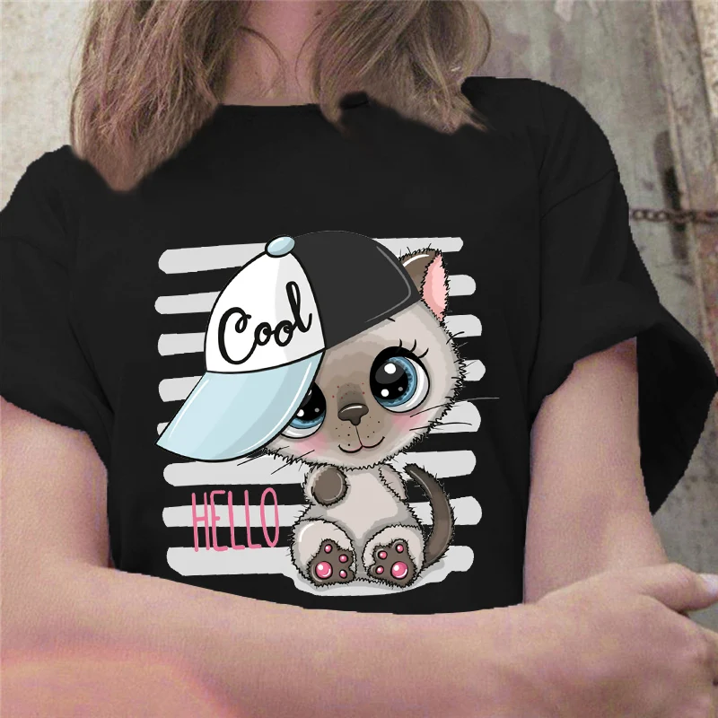 

2022 Women Tshirts Kawaii Cartoon Cat Print Femal Tee Casual Harajuku O-neck Short Sleeve Summer Tops Lady XS-4XL XXXXL