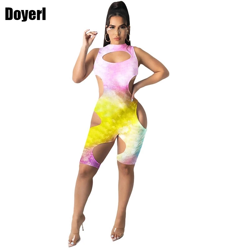 

Hollow Out Sexy Tie Dye Jumpsuit Women Summer Romper Shorts Party Night Club Jumpsuit Bodycon Bandage Short Playsuit Overall