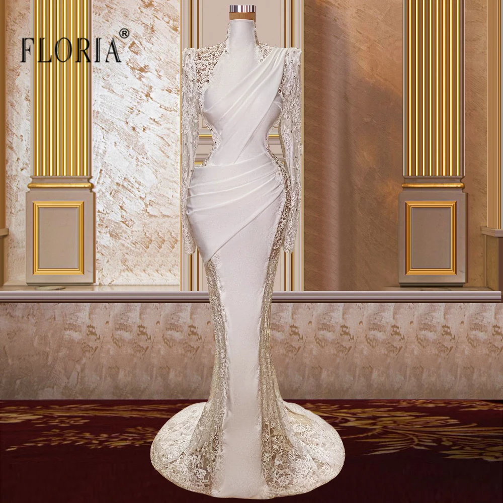 

High Neck Long Sleeve Lace Appliques Bridal Gowns Arabic Saudi Plus Size Robe de Mariage White Wedding Dress for Party