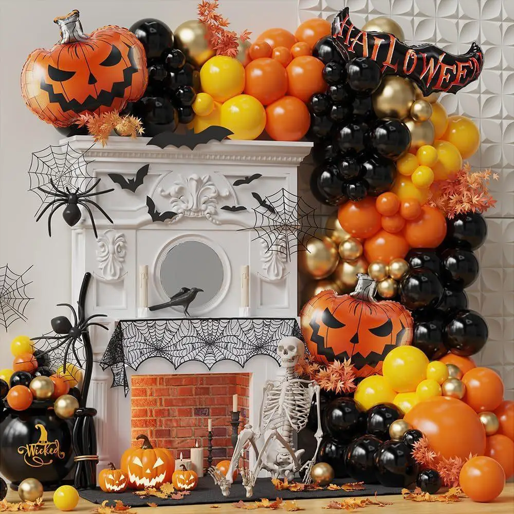 

142Pcs Pumpkin Bat Halloween Theme Balloon Arch Garland Kit Black Orange Latex Balloons Baby Shower Party Decoration Supplies