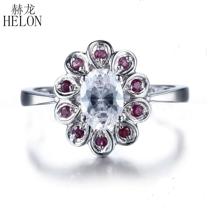 

HELON Sterling Silver 925 Flawless Oval 6x4mm Genuine Natural White Topaz Ruby Women Exquisite Jewelry Engagement Wedding Ring