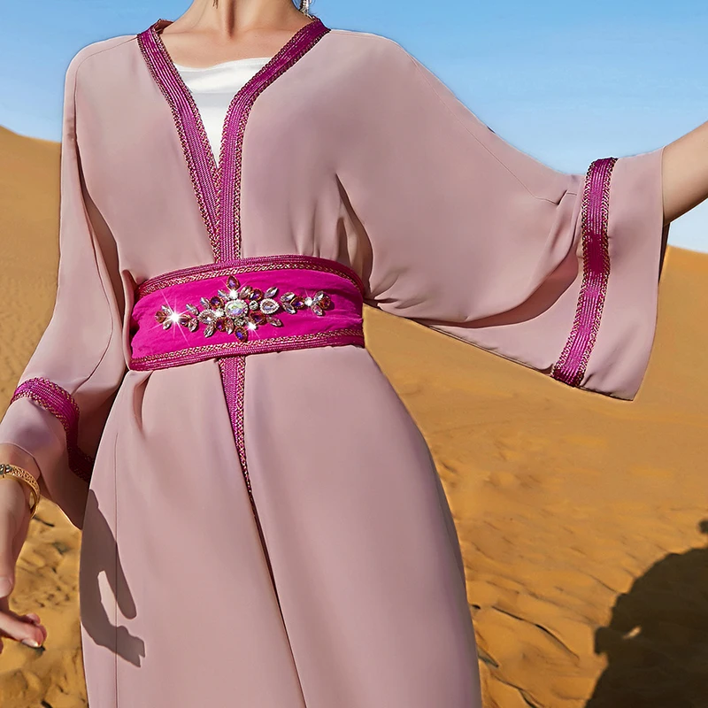 Women Open 2 Piece Abaya Set Dress Pink With Diamonds Belt Solid Color Long Sleeve Maxi Muslim Ramadan Eid Dubai Turkey Dresses