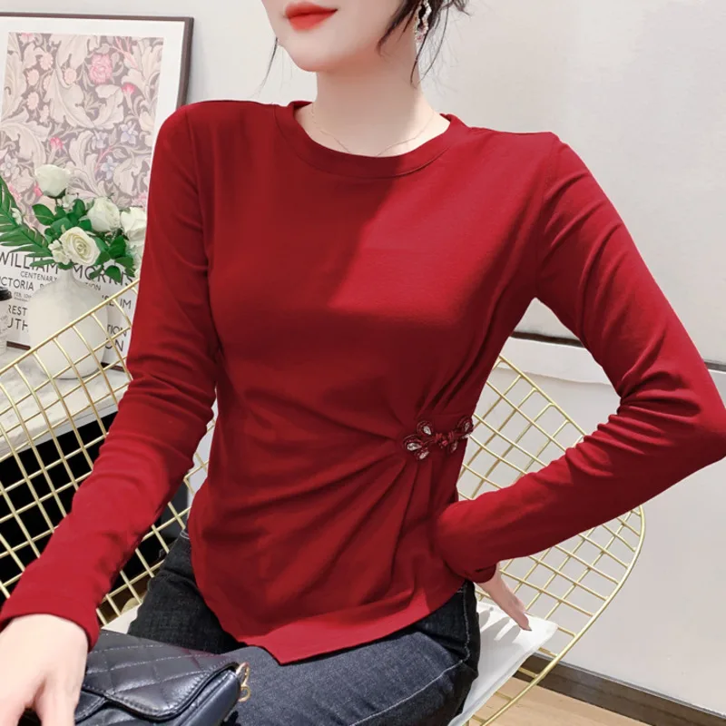 

Черная, Красная футболка неправильной формы, Женская Офисная футболка неправильной формы в Корейском стиле, Женская Базовая футболка с длинным рукавом, эластичная хлопковая футболка