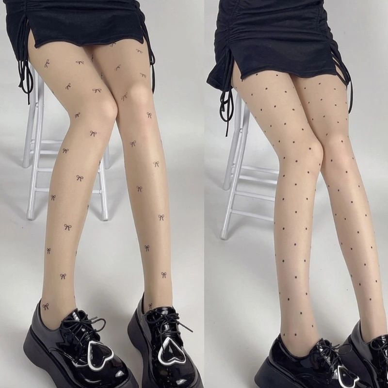 

Женские милые прозрачные колготки с бантом в горошек и сердечками, чулки в японском стиле, сексуальные прозрачные шелковые колготки, Чулочн...