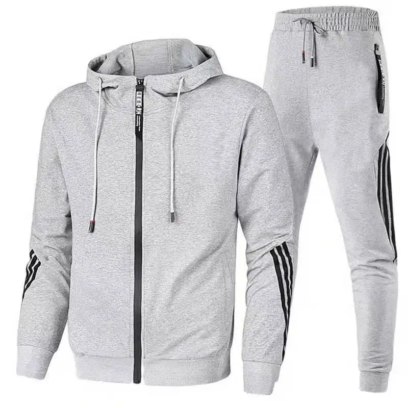 2023 Men's New Popular Running Suit Casual Fashion Suit Outdoor Sports Suit Solid Color Hooded Striped Sweater Pants Men's Suit