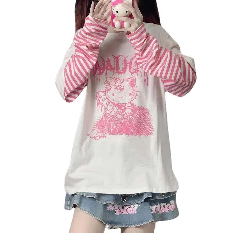 

Sanrio Long Sleeved T Shirt Hello Kitty Kawaii Y2K Girl Heart Fake Two Piece Long Sleeved Sweet Cool Girl Costume Besties Gift