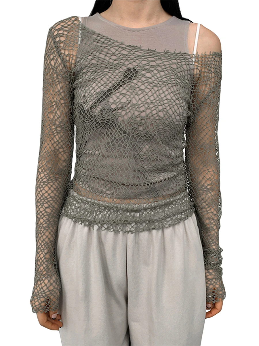 

Women Crochet Crop Top Bathing Suit Cover Ups Mesh Sheer Blouse See Through Hollow Out Fishnet Long Sleeve T-Shirt Top
