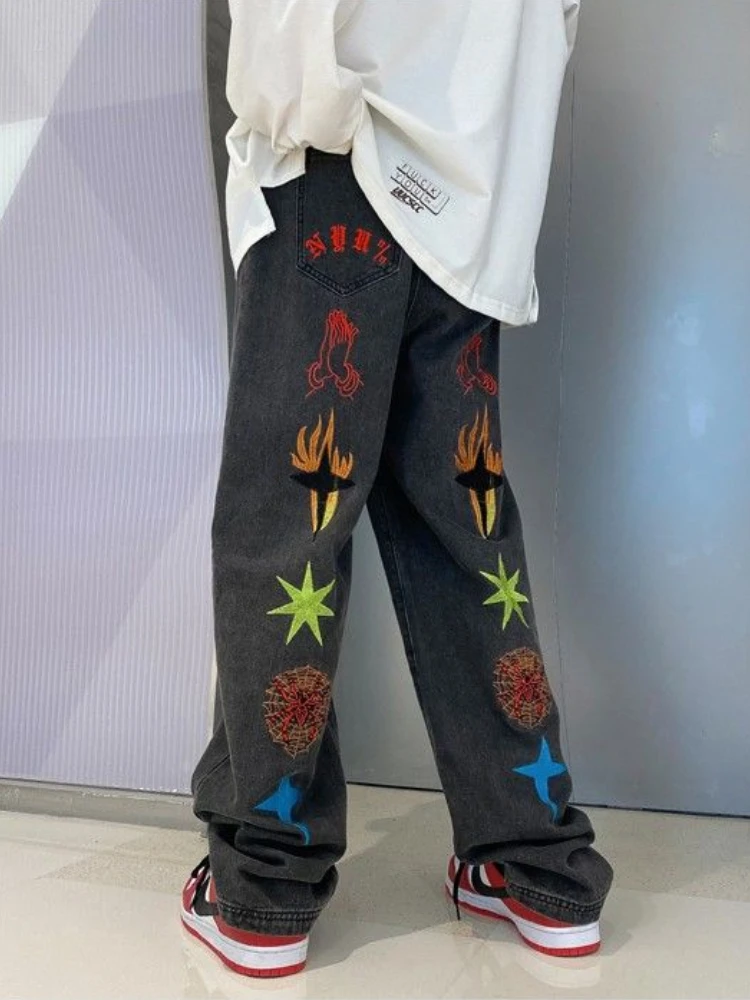 

Женские джинсы с винтажным принтом, мешковатые джинсы в стиле панк и хиппи, уличная одежда, модные джинсовые брюки, длинные брюки с гранж-графикой, Y2K, весна 2023