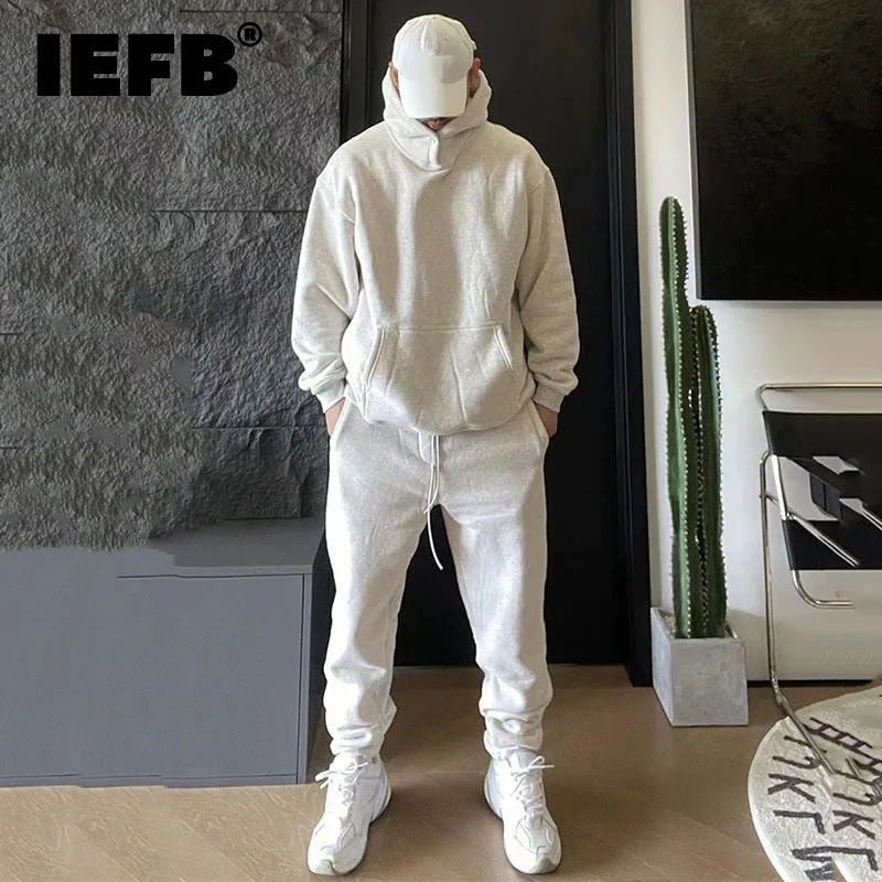 

Повседневные мужские однотонные утепленные спортивные комплекты IEFB, Мужской пуловер с капюшоном, свитшот с карманами, повседневные брюки, ...