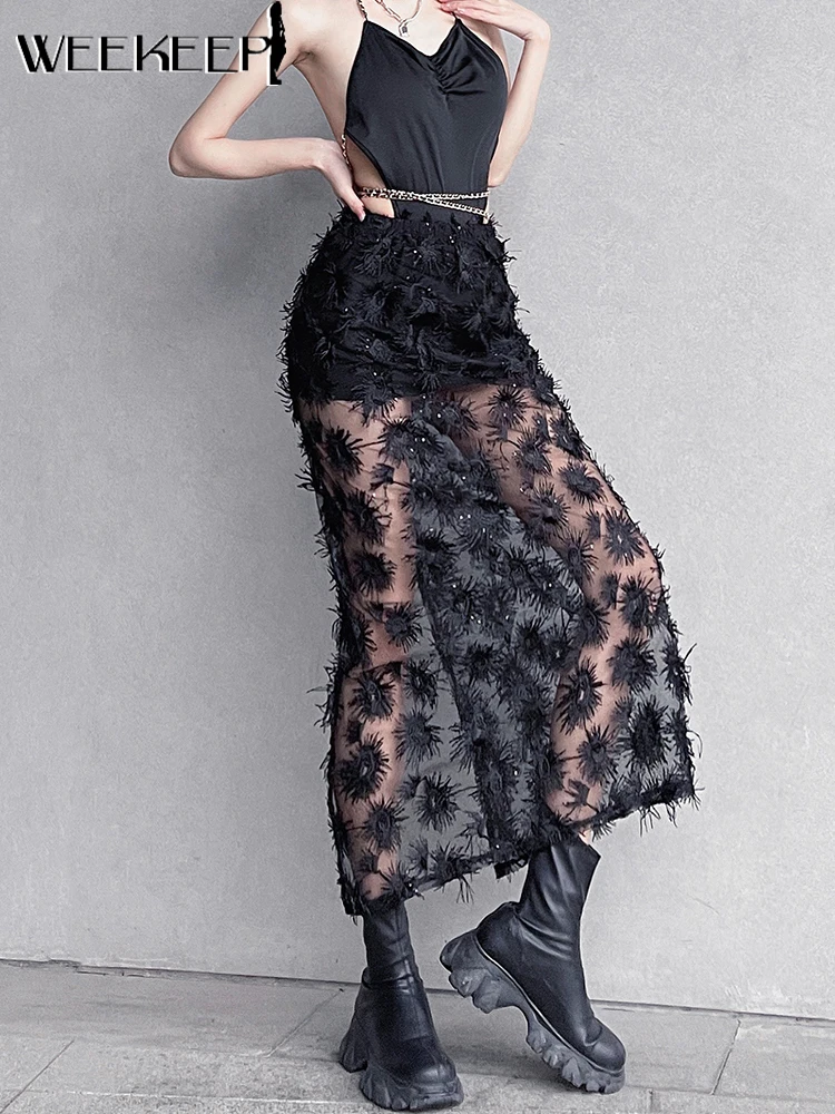 

Weekeep Furry Skirt Elegant Mesh Patchwork Sexy Party High Waist Long Skirts For Women Korean Fashion Summer Y2k Holiday Clothes