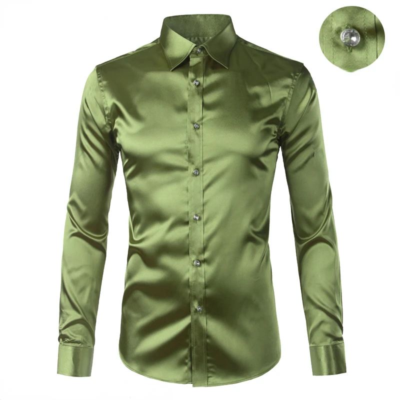 

Green Silk Satin Dress Shirt Men 2022 Luxury Brand New Casual Dance Party Long Sleeve Chemise Smooth Wrinkle Free Tuxedo Shirts