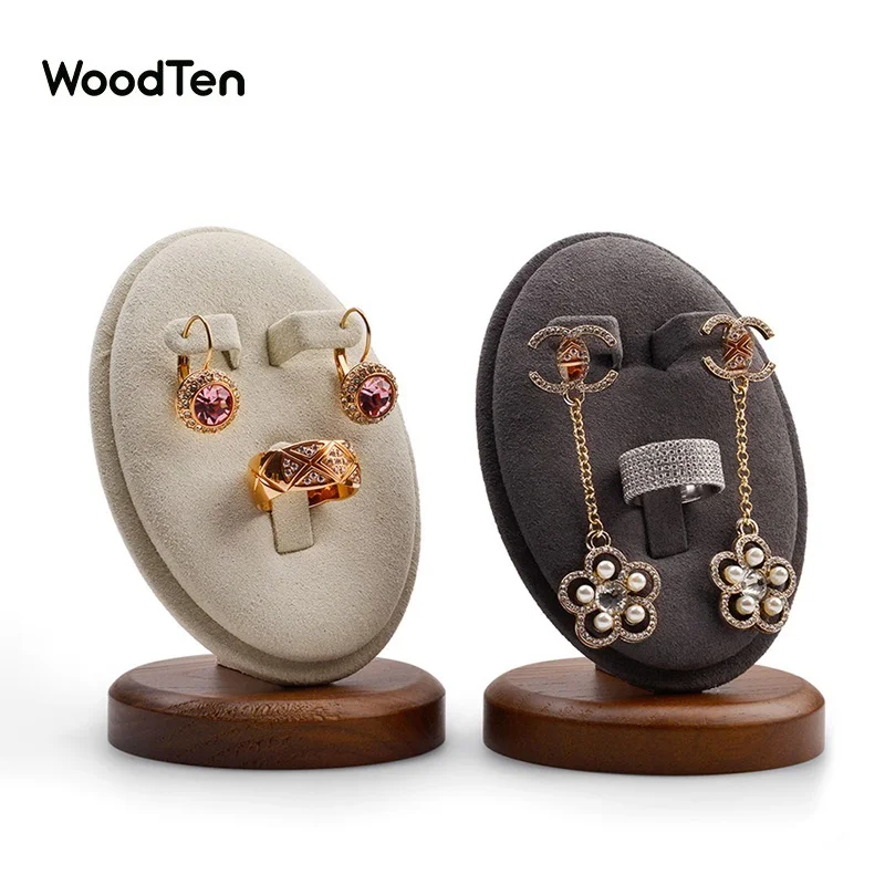 

WoodTen Wooden Earrings Display Stand Multifunction Microfiber Ring Organizer Holder Jewelry Display Prop for Women and Men