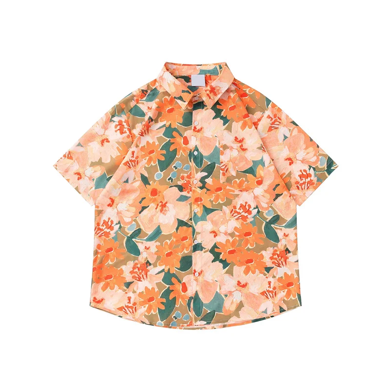 

Flower Hong Retro Kong Trend Style Matching Beach Shirt Men's Short Sleeve Loose Plankton Handsome Summer Full Print Coat