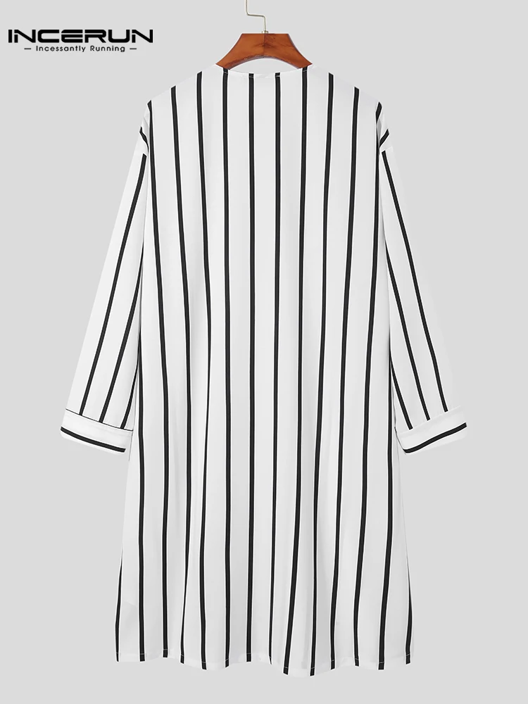 Handsome Well Fitting New Men Striped Cardigan Jubba Thobe Islam Muslim Male Hot Sale Kaftan Long Sleeve Robe S-5XL INCERUN 2022