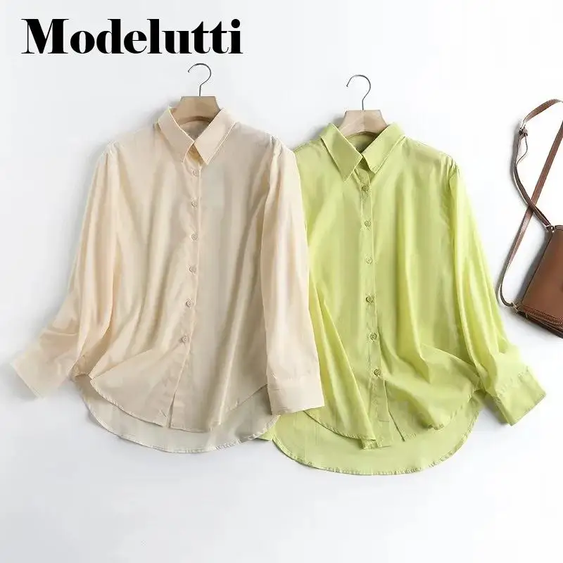 

Modelutti 2023 New Spring Summer Women Fashion Lapel Long Sleeve Solid Shirt Simple Casual Blouses Commute Tops Female Chic