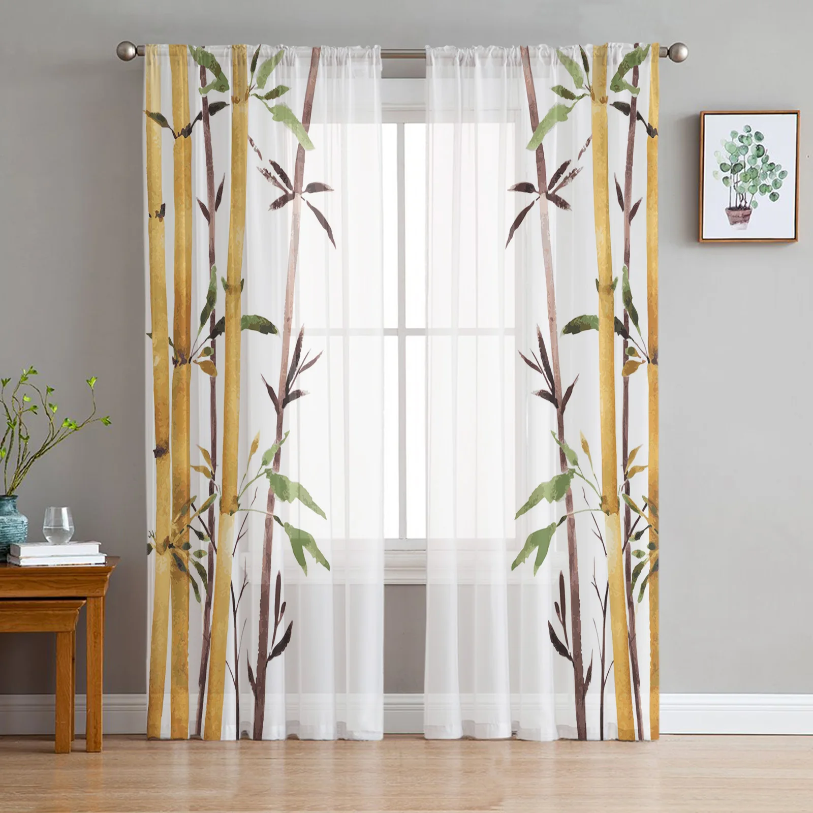 Bamboo Watercolor Painting Plant Art Sheer Curtains Modern Gauze Curtain for Living Room Bedroom Voile Yarn Curtains