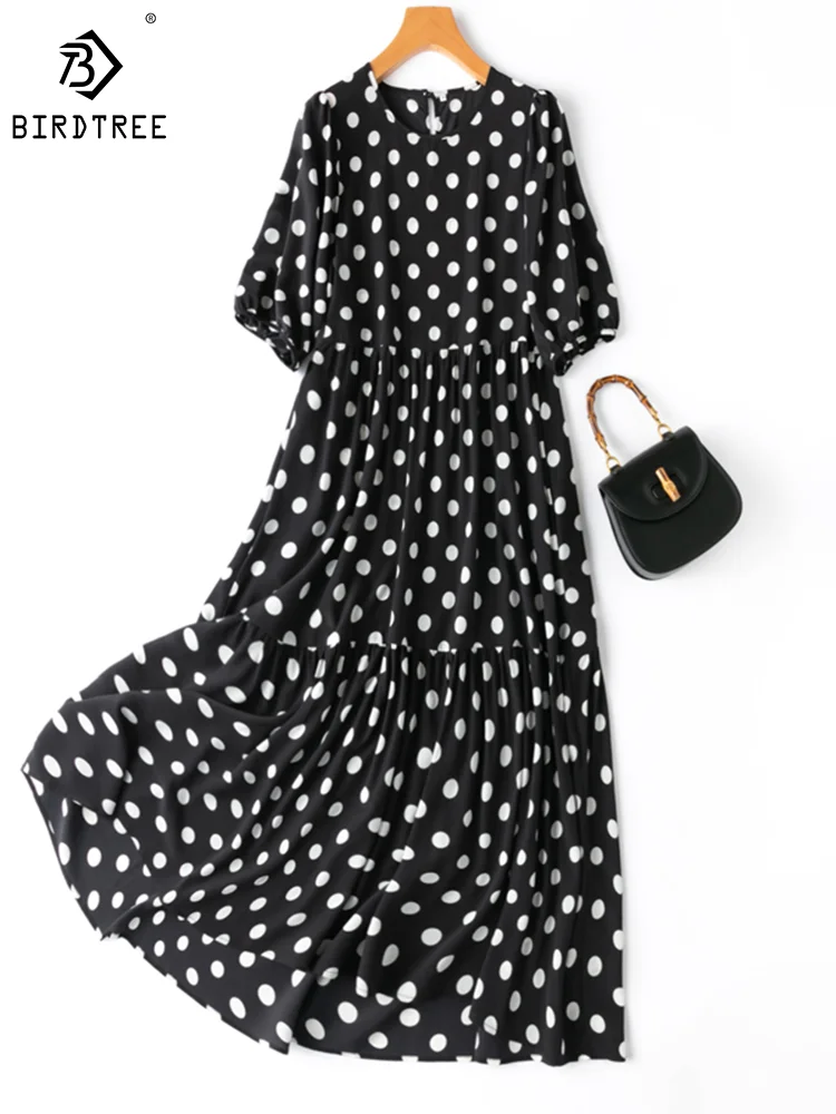 

Женское длинное платье в горошек с рукавами-фонариками Birdtree, 100% шелк тутового цвета, 18 мм, летняя праздничная одежда черного цвета D37320QM