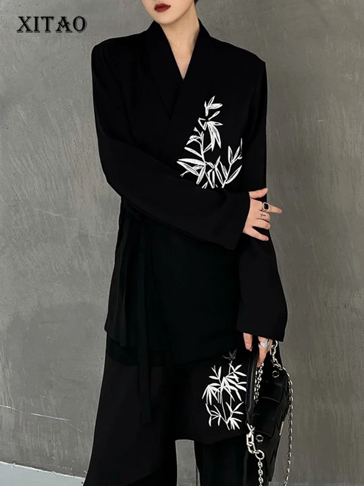 

XITAO Contrast Color Embroidery Blazers Coat Vintage Women Casual Fashion Irregular Bandage Top 2023 Autumn New DMJ2256