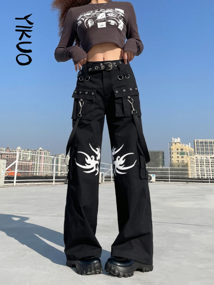 

YIKUO 2022 Goth Print Wide Leg Pants Women Black Techwear Eyelet Punk Style Dark Academia Low Waist Trousers Ribbons Streetwear