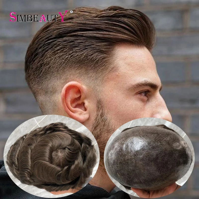 

Soft Straight 8x10 Injected Thin Skin PU Base Brown Color Toupee 100% Real Human Hair Darable Men's Hairpiece Replacement System
