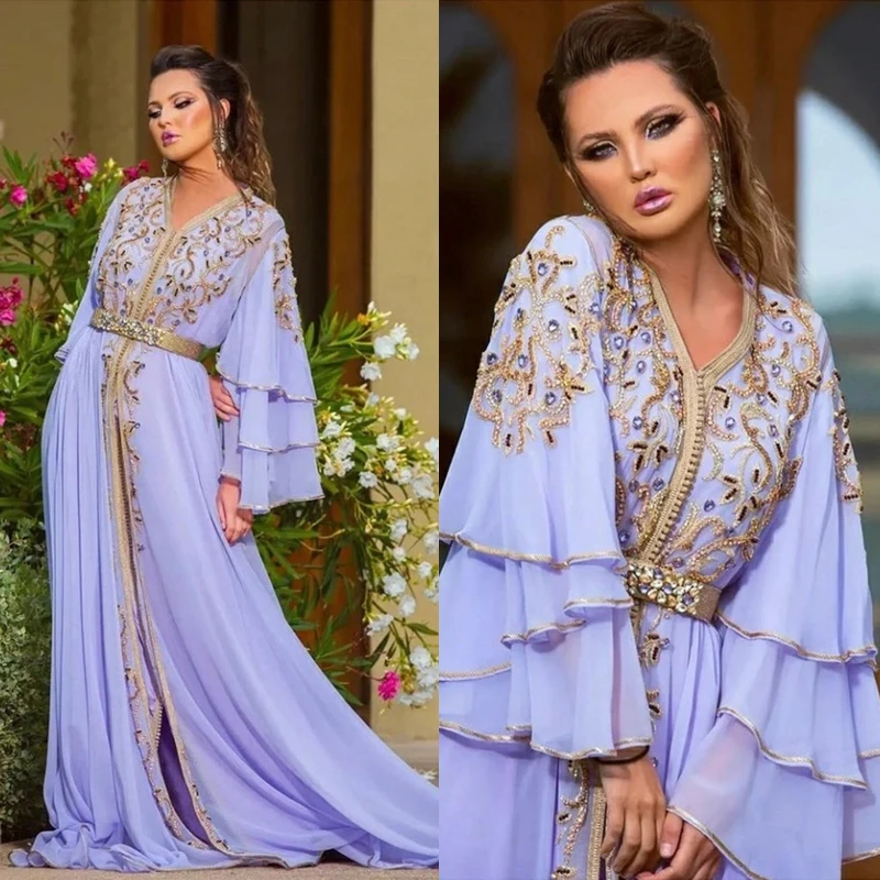 

Modern Chiffon Moroccan Kaftan Evening Dresses Luxury Crystals Beaded V-Neck A Line Formal Event Gowns Puffy Sleeve Arabic Duabi
