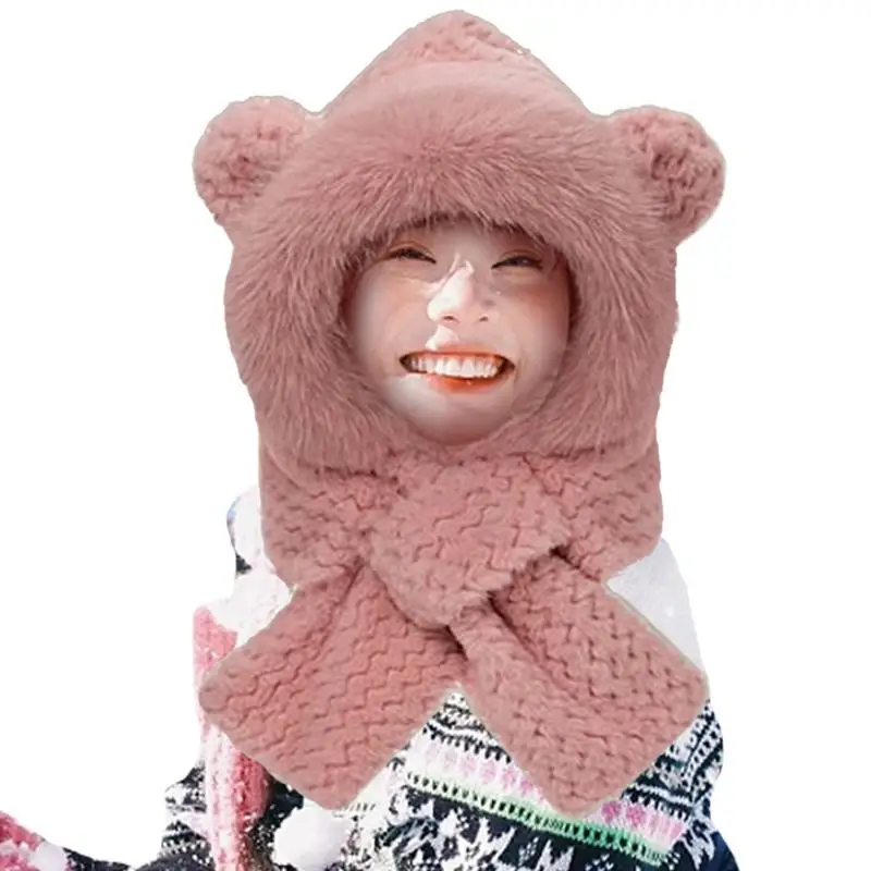 Нечеткая шапка милая зимняя с заячьими ушками теплый шарф медведем плюшевая