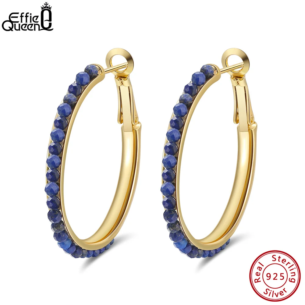 

Effie Queen Natural Lapis Lazuli Solid 925 Silver Big Hoop Luxury Earrings for Women 14K Gold Plated Party Earring Jewelry GME19