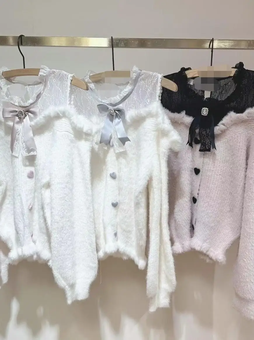 Вязаный свитер с бантом кружевной трикотаж открытыми плечами топ длинными