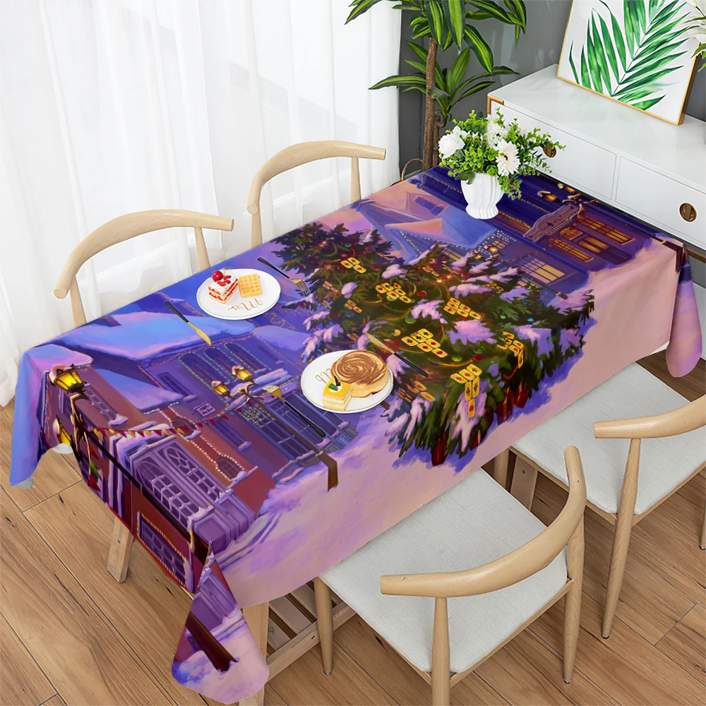 

Мультяшная Рождественская елка Красивая уличная сцена Снежный принт фотография праздничное украшение Рождественская скатерть