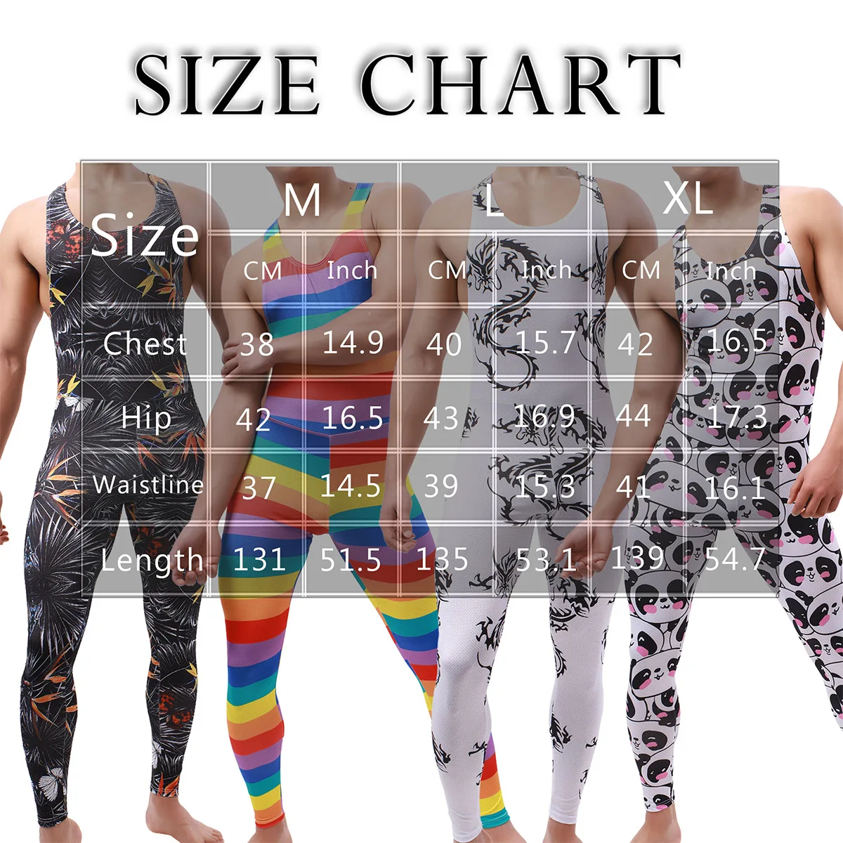YUFEIDA Mens Undershirt Leotard Sleeveless Rainbow Printed Jumpsuit Men's Leggings Underwear Bodysuit Wrestling Singlet Pajamas