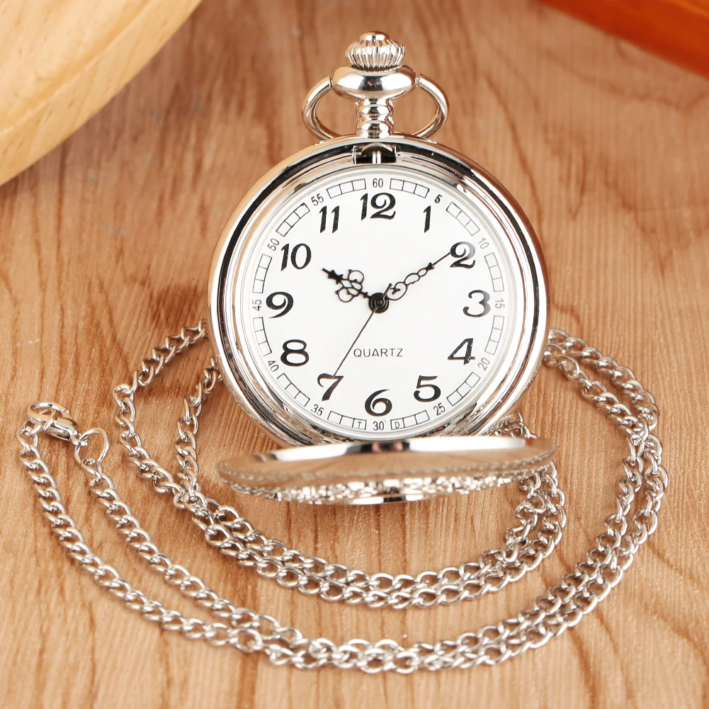 Elegant Vintage Hollow Silver/Black Quartz Pocket Watches Necklace Pendant Fob Chain Antique Pocket Clock Gifts for Men Women