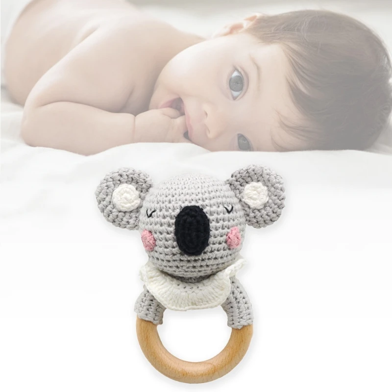 

Baby Teether Wooden Ring Cotton Thread Crochet Animal Koala Rattle Knitted Hand Bell Handmade BPA Free Chewing Teething Toys Nur