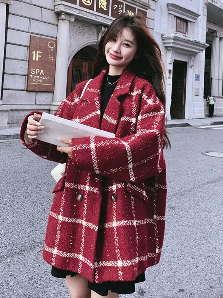Красная шерстяная женская куртка в клетку новинка 2024 осенне-зимняя супер