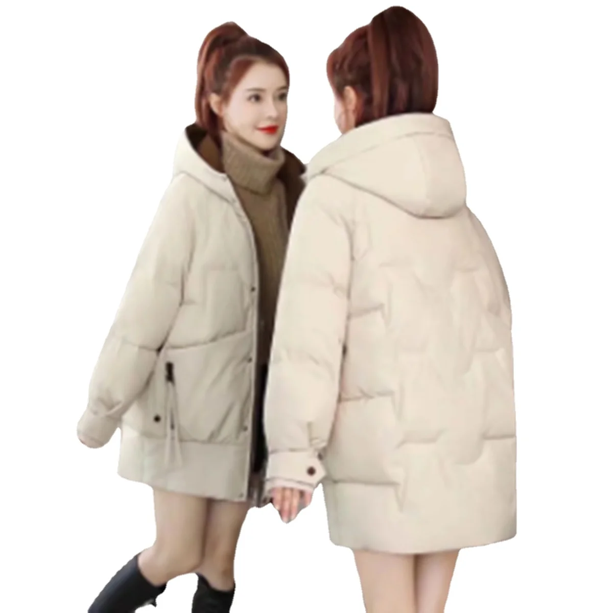

2021 New Bread Clothes winter mid-length down padded jacket women Loose fashion warmth thickend small coat zipper splic buttons