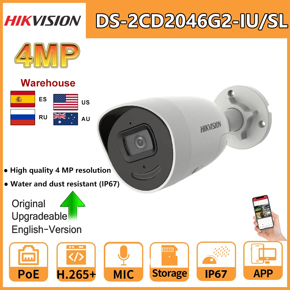 

Hikvision Camera DS-2CD2046G2-IU/SL 4MP AcuSense Strobe светильник и Предупреждение Fixed Mini Bullet Network Camera 2-Way Audio