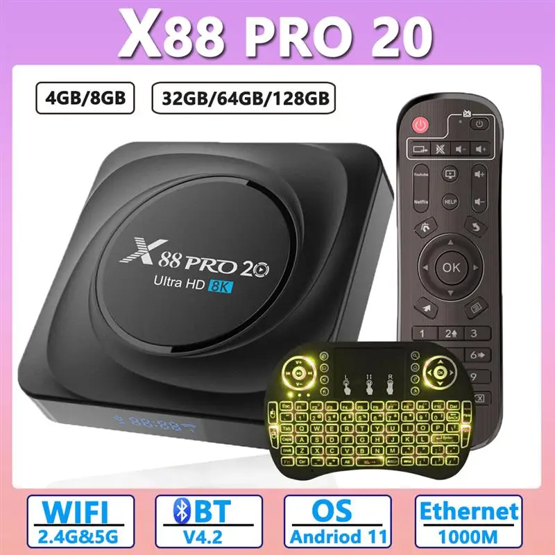 ТВ-приставка X88 Pro 20 Android 11 RK3566 4 + 8/32/64/128 ГБ 2 4/5 8 ГГц Wi-Fi Bluetooth |