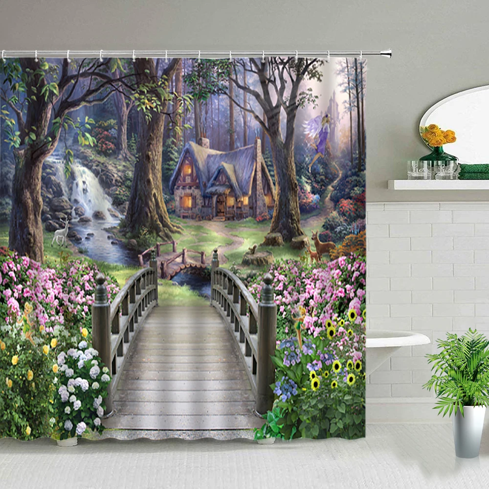 

Painting Garden Lodge Shower Curtain Green Leaves Floral Plant Rose Print Waterproof Polyester Bathroom Bath Curtain With Hooks