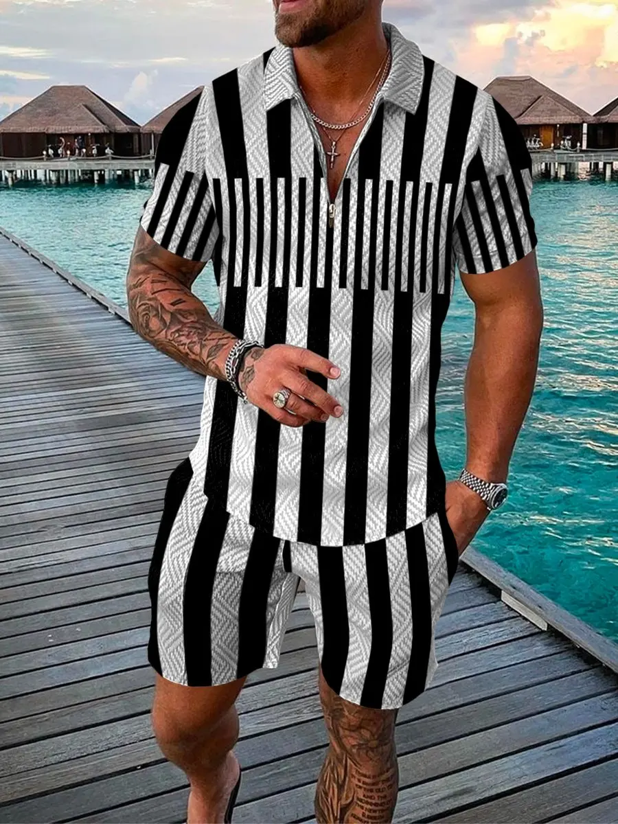 

Foreign Trade Men's Sports Suit Casual Suit Men's Polo Shirt Short Sleeve + Shorts Oversized Color 3D Printing 2 Piece Set